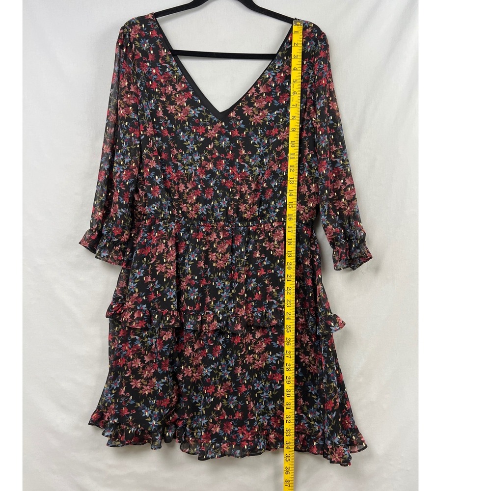 BCX Floral Tiered Mini Dress Women XL Black Red Gold Metallic V-Neck Ruffle - Picture 6 of 11